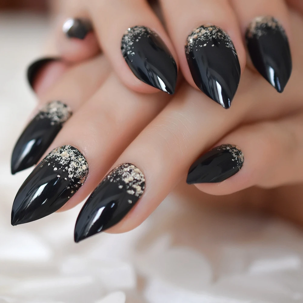 Drag Nails Black Glitter ( 24 Pcs ) - Drag Universe