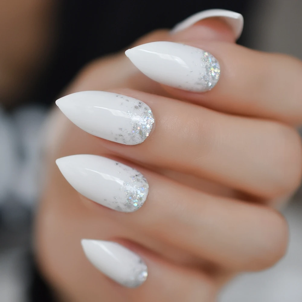 Drag Nails White Glitter ( 24 Pcs )